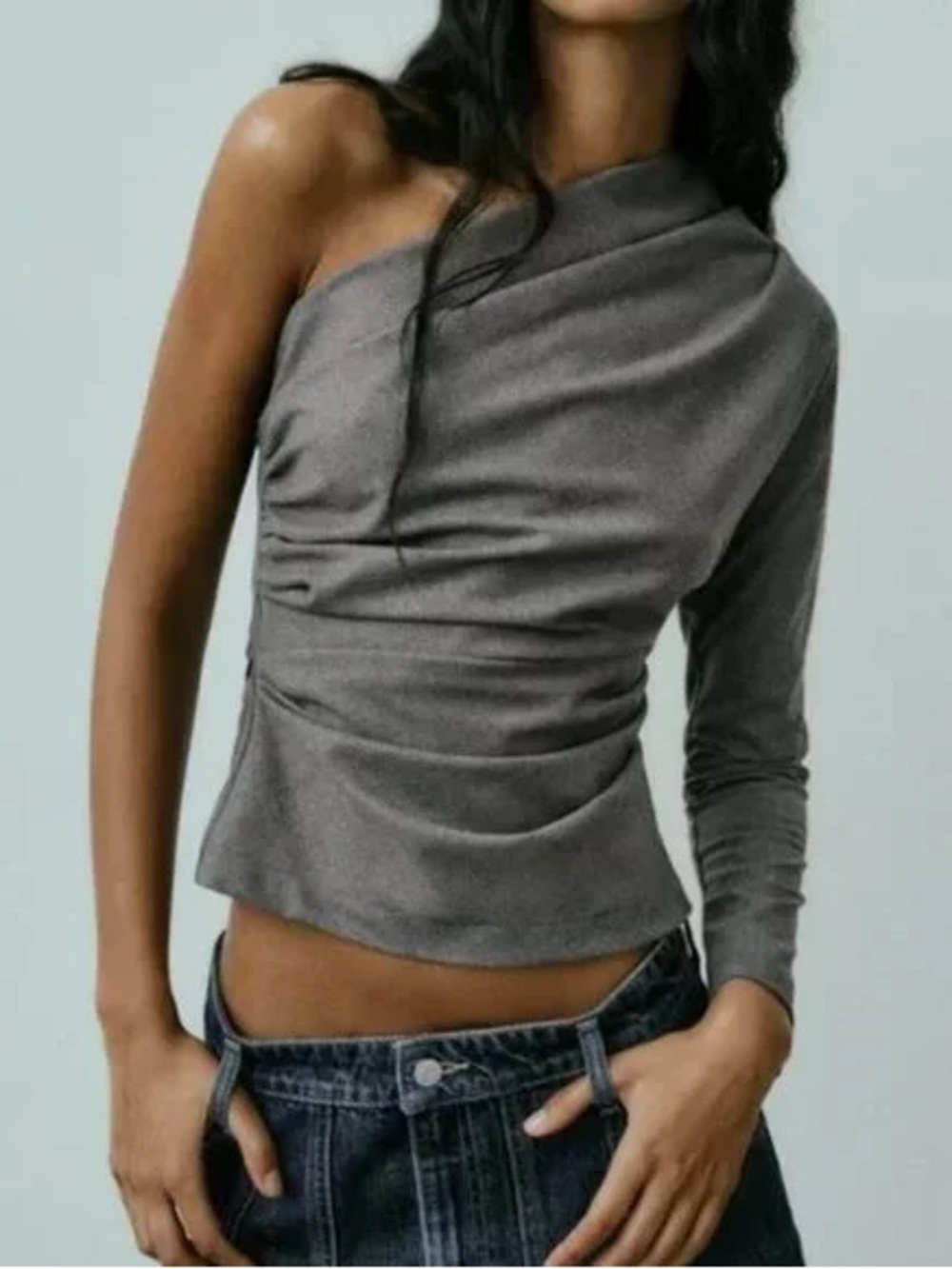 Zara Gray One-Shoulder RUCHED ASYMMETRIC TOP GRAY size small